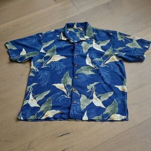 EUC Tommy Bahama Hawaiian Shirt Men's sz L 100% Silk Blue Callalily Short Sleeve